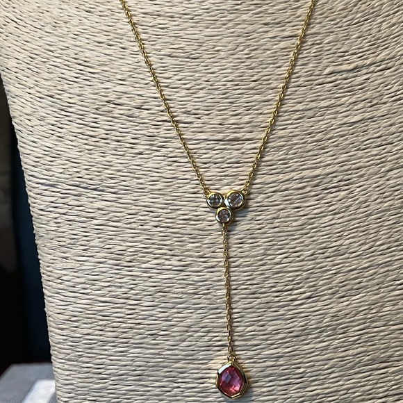 REAL SIMPLE STYLE TALIA NWT YELLOW GOLD-PLATED & PINK/CLEAR CRYSTALS NECKLACE - Picture 10 of 14